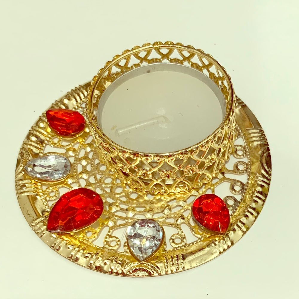 Tealight Candle Holder gold tone metal & stones